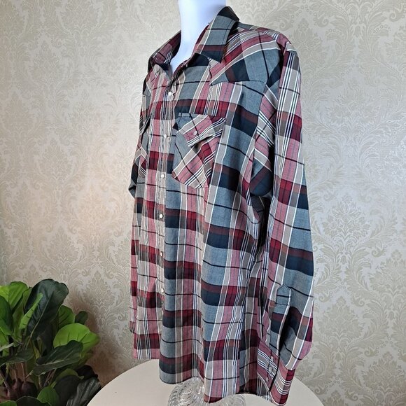 Ely Cattleman Size XL Western Shirt Red/Black/Gray Plaid Pearl Snaps Long Sleeve - Picture 7 of 13